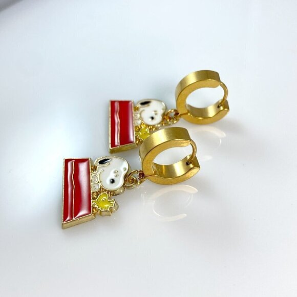 Snoopy Dog & Woodstock on Stainless Steel Huggie Hoop Earrings - Picture 4 of 9